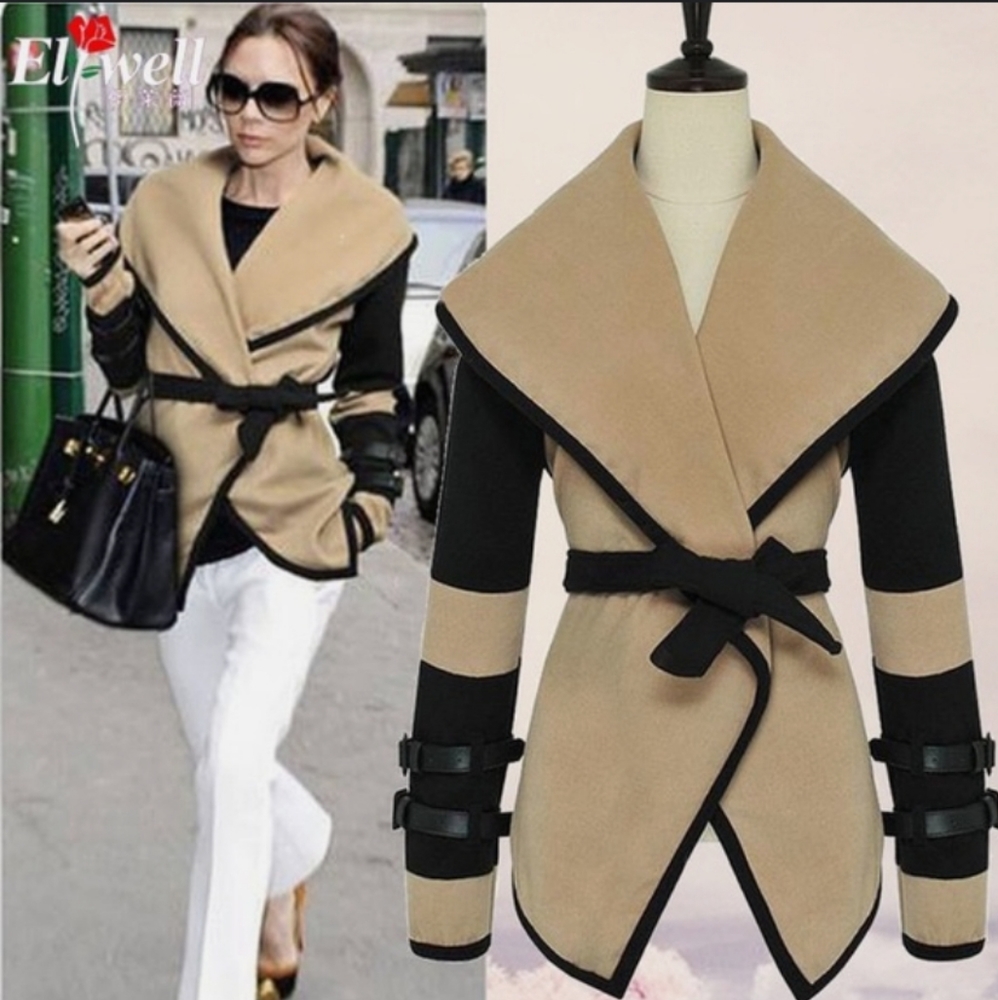 Cream and Black Wrap Coat with Buckle Sleeves